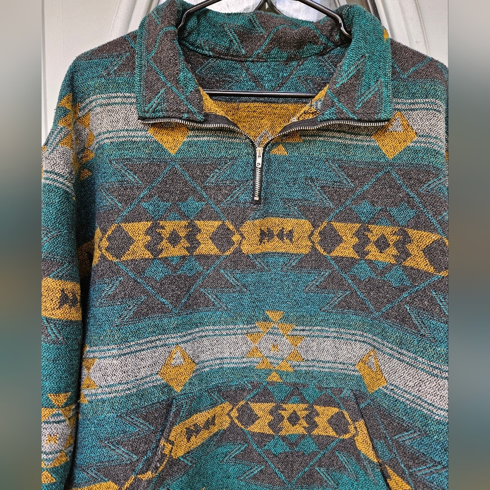 Men's Geometric Aztec Pattern Sweater - Teal and Yellow - Picture 3 of 10